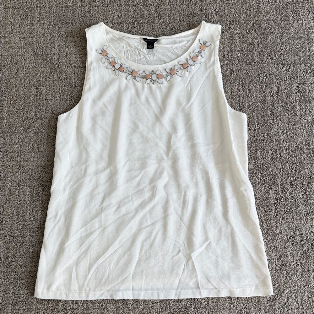 Ann Taylor White Tank Top with Floral Embroidery